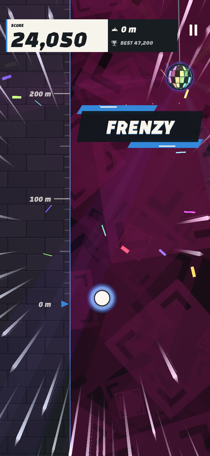 Current Krazy Spike gameplay during Frenzy, with a rainbow disco ball, colourful lights and the Frenzy banner